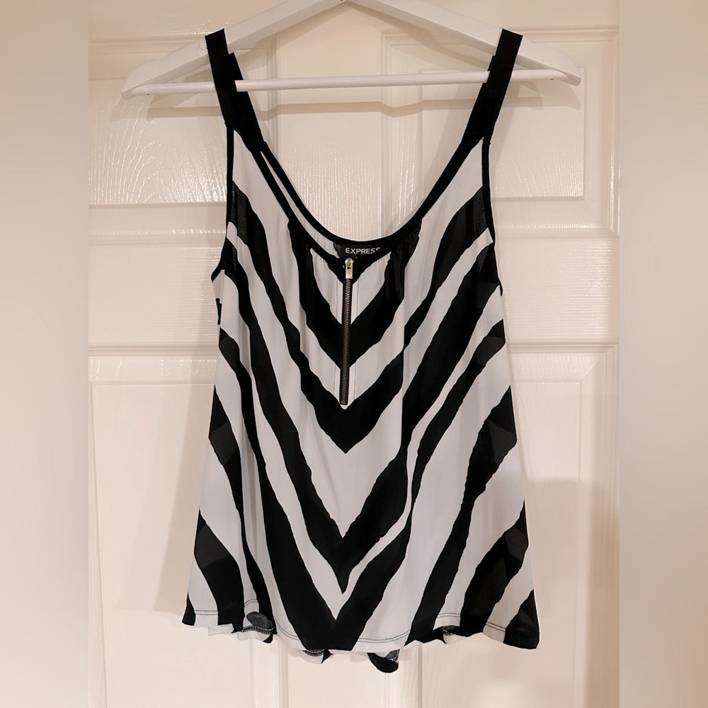 Express women’s sheer zebra print spaghetti strap top with gold zipper, size sm.
